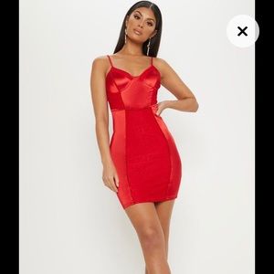 Red Satin Strappy Lace Panel Bodycon Dress